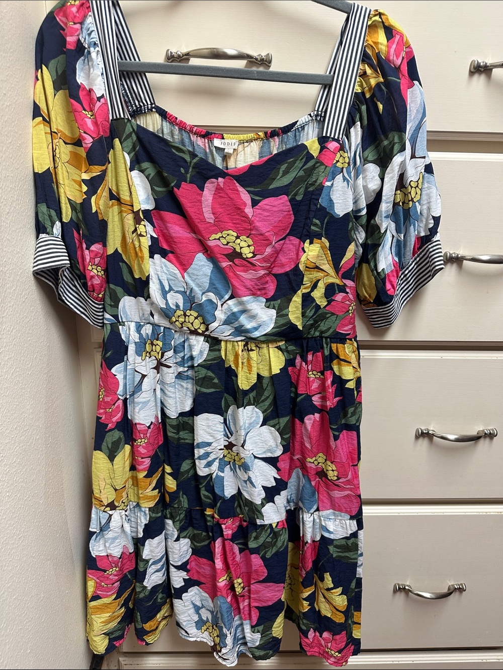JODIFL Navy Floral Dress with Striped Trim